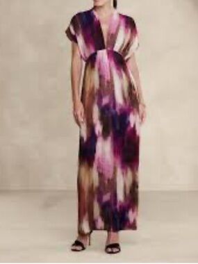 Banana Republic Purple Cream Dark Pink Watercolor Pleated Flowy Maxi Dress
 Sz M